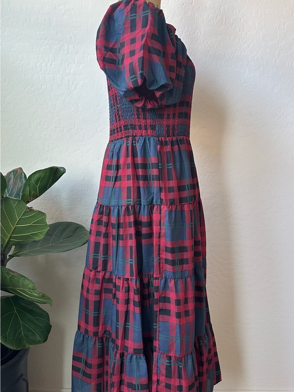 NWT Midnight Doll Smocked Plaid Square Neck Puff Sleeve Midi Dress Size L - Picture 4 of 11